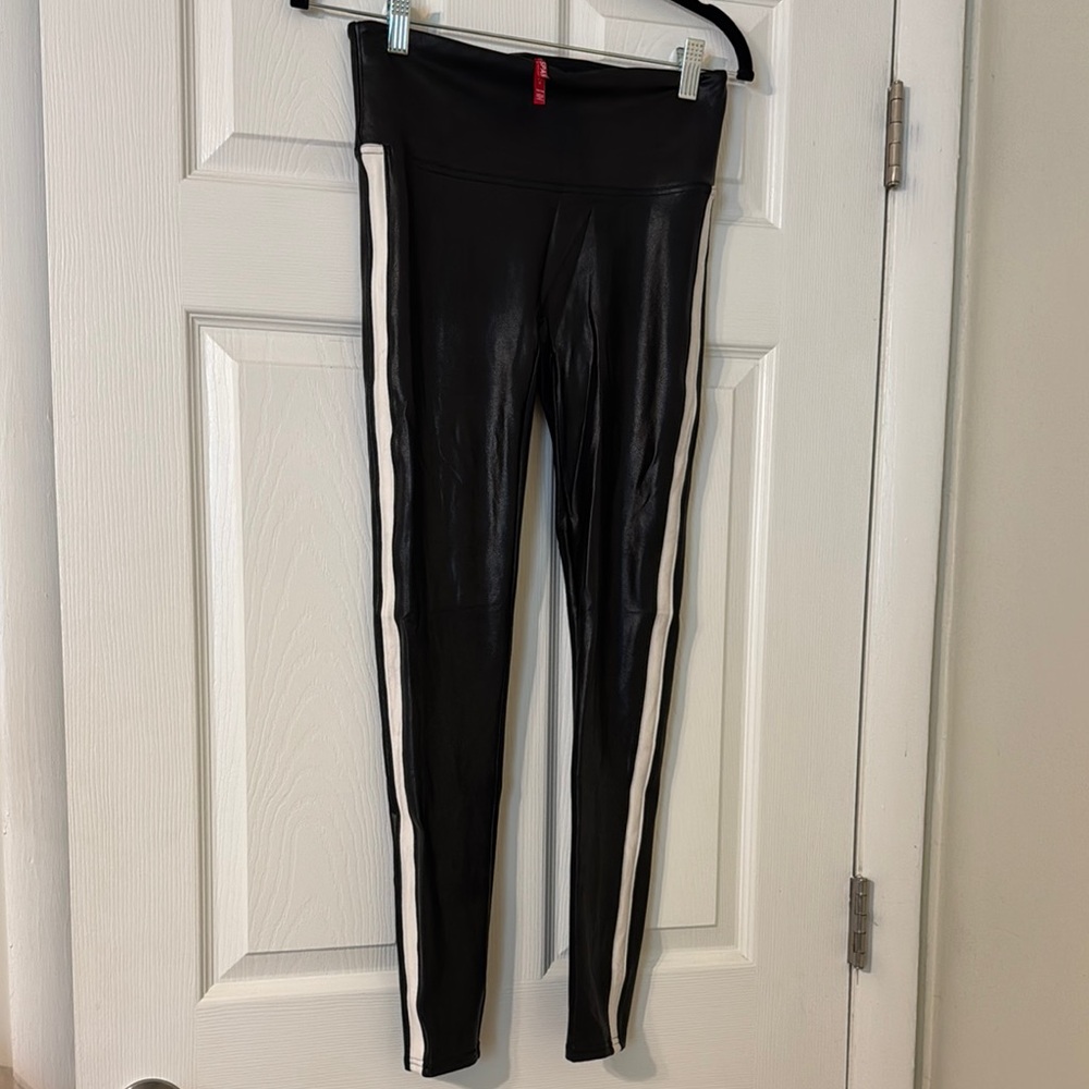 Spanx Faux Leather Leggings with White Stripes, Medium